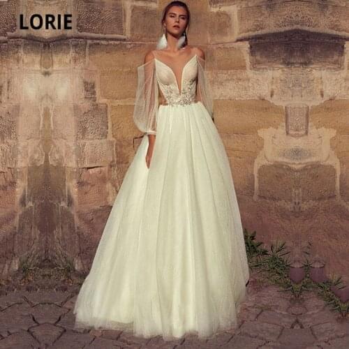 LORIE Boho Wedding Dress O-Neck Appliques Pleats A-Line Puff Sleeves Polka Dots Tulle Ivory Princess Bohemian Bridal Gowns