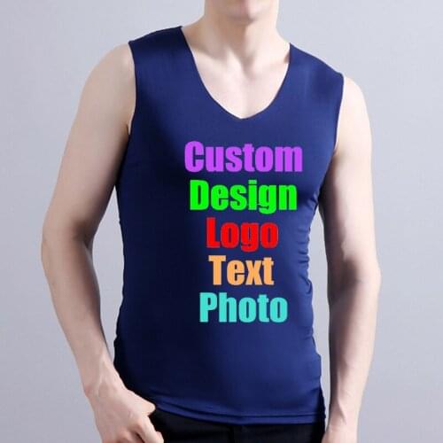 Slim High Elastic Solid Milk Silk Men Tanks Tops V Neck Sexy Custom Logo Photo Text Printed Shirts Vests Male Boy Man Tanks DIY