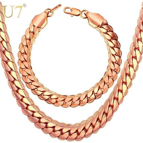 U7 Brand Gold Color Chain Necklace And Bracelet Set Wholesale 9mm Chunky Big Long/Choker Men Jewelry Set 2017 New Fashion S1007