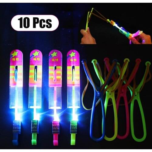 10PCS Outdoor Shining Rocket Flash LED Light Night Kids Luminous Slingshot Toys Shine Slingshot Elastic Helicopter Rotating Toy