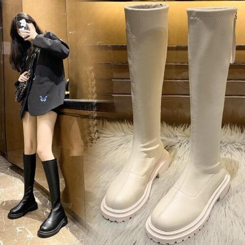 Women Platform Boots 2021 Winter Gothic Shoes Long Boots Women Fashion Black Beige Mid Calf Boots Round Toe Slip on Riding Boots