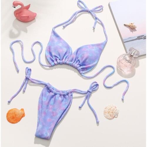 Women’s Tie-dyed Bikini Sets Sexy High Cut Halter Drawstring Thong Swimming Suit Female Holiday Beach Wear Brazilian Biquini