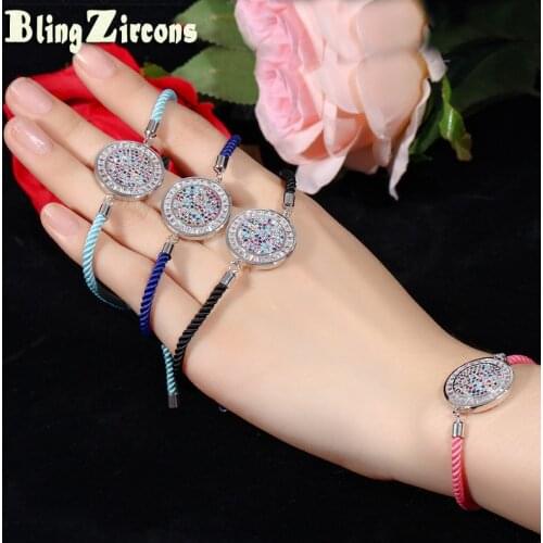 BeaQueen Tibetan Handmade Multicolor Cubic Zirconia Paved Round Adjustable Size Rope Bracelet Charm Jewelry for Women B157