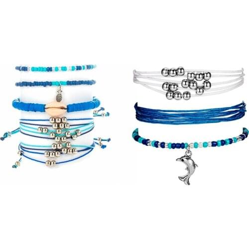 Women Boho Bracelet Set Charm Shell Dolphin Pineapple Beads Bracelets Summer Beach Bohemia Rope Chain Braided Bracelet