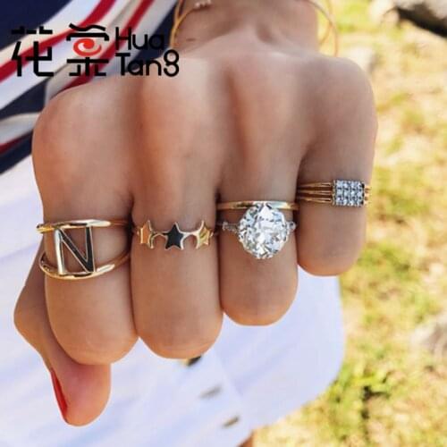 HuaTang 4pcs/sets Bohemian Shiny Crystal Stone Rings Sets for Women Exquisite Star Letter "N" Gold Rings Jewelry Gift 9457