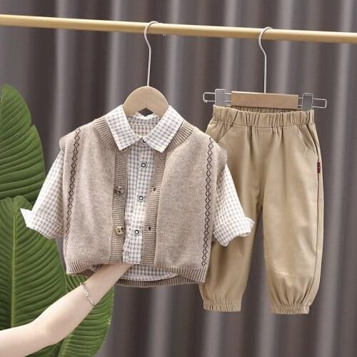 0-5 Year Autumn Boys Clothing Set Fashion Plaid Shirt+Pant+Sweater Waistcoat 3pcs/set Children Kids Toddler Boy Clothing