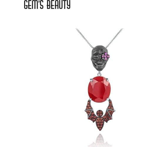 GEMS BEAUTY 925 Sterling Silver Necklace For Women Human Skeleton Bat Oval Natural Red Agate Handmade Pendant 2021 Trend