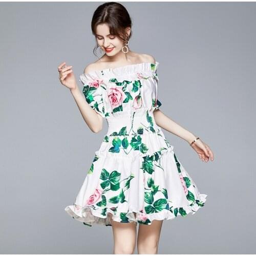 2020 New Summer Women Dress High Quality Runway Sexy Slash Neck Off Shoulder Elastic Slim Ruffles Dress Elegant Vacation Dress