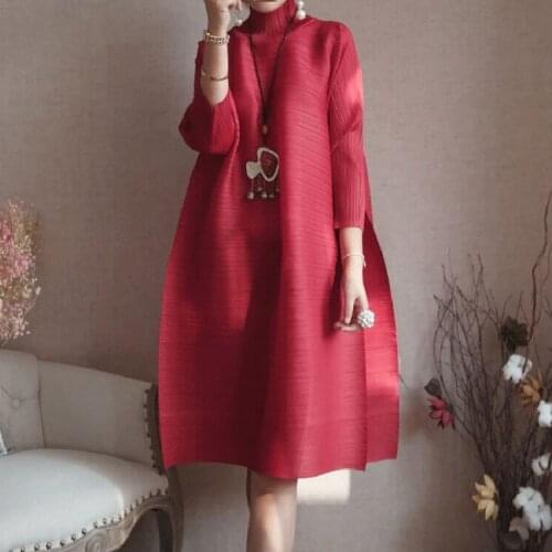 Changpleat Autumn Turtleneck Women Dress Miyak Pleated Fashion Design Solid loose large size Female Knee-length Dress Tide