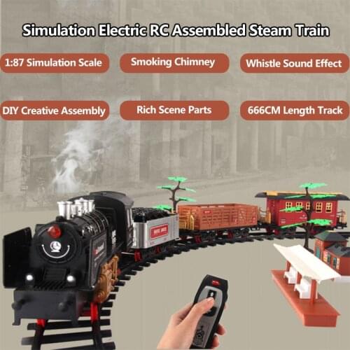 120CM Simulation Remote Control Steam Train 666CM Track DIY Assembly Whistle Sound Effect Smoking Chimney Railway Model RC Toys