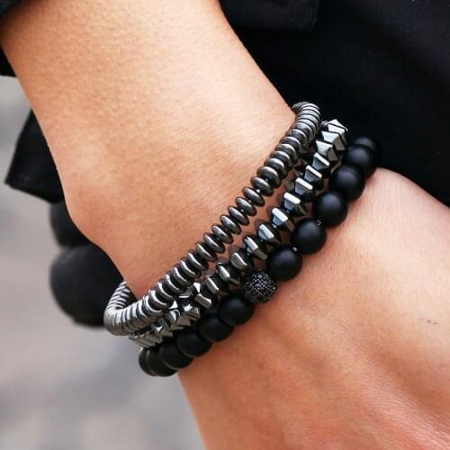 3pcs/set Men armband Black Stone beads bracelet copper ball pulseira mens jewelry accesorios hombre bracelets homme bijoux