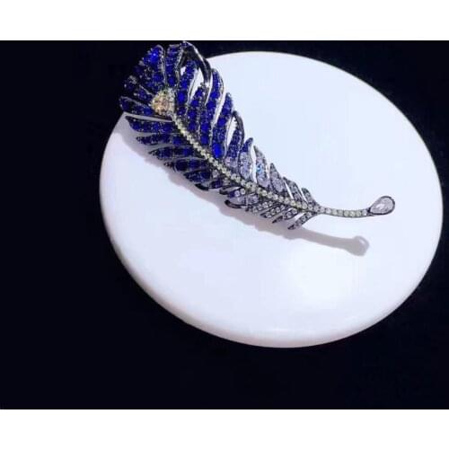 Blue feather brooch 925 sterling silver with cubic zircon high quality fine jewelry for women & men unisex jewelry