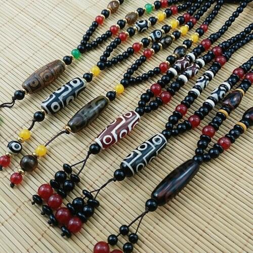 Dzi Bead Necklace Handmade Finished Three Eyes Nine Eyes Pendant Ethnic Style Play Jewelry Healthy Longevity Good Luck