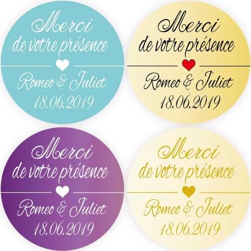 DouxArt 100 Pieces Stickers Personalized Merci de votre presence , 4cm Colorful Wedding Favors Communion Party Decoration Labels