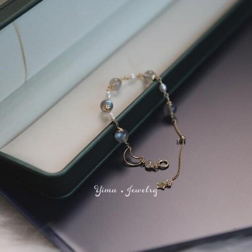 Double Layer Ladies' Bracelets Natural Moonstone & Pearl Green Crystal Gemstone Jewelry Moon Star Bracelet for Girls Lucky Charm