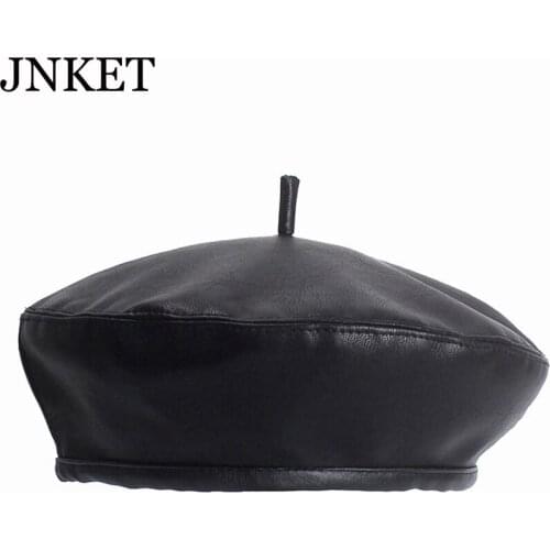 JNKET Fashion Womens Beret Hat PU Leather Pumpkin Hat Winter Autumn Flat Cap Boina Hat Painter Cap Casquette Adjustable Rope