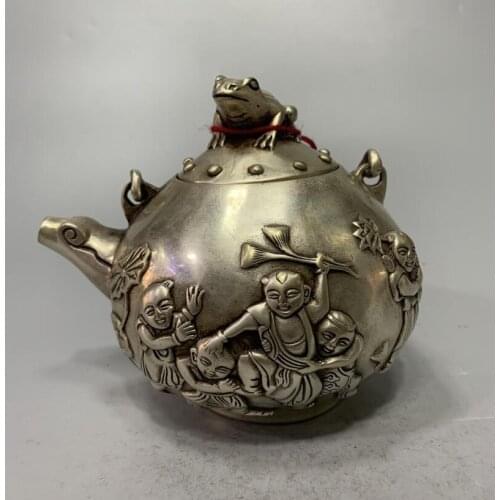 China White copper archaize Boy frog teapot crafts statue