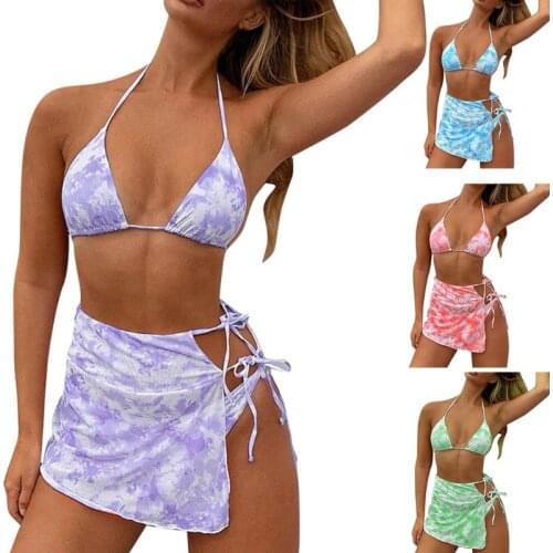 Sexy Tie-Dye Print 3Pcs Bikini Set Women Halter String Triangle Brazilian Swimsuit with Cover Up Sarong Wrap Skirt Bathing Suit