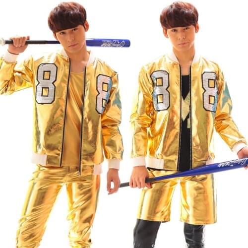 Jacket+pants)Punk Style Male Fashion Gold Leather Motorcycle Jacket Mens baseball Clothing Set Stage Show Performance Wear