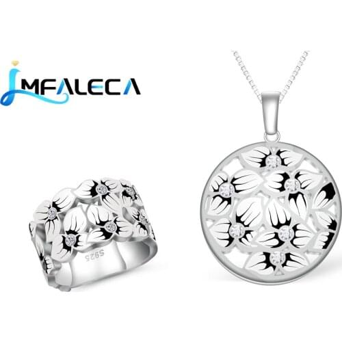 LMFALECA Silver Necklace Ring Jewelry Set for Women Black Enamel Flower 925 Sterling Silver Pendant with Zircon Fine Jewelry