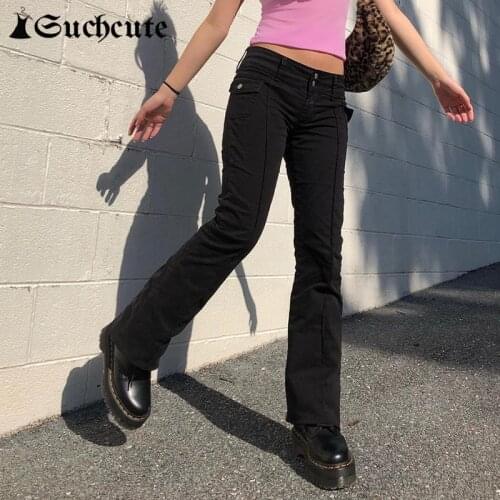 SUCHCUTE Vintage Women Flare Pants Low Waist Skinny Trousers Streetwear y2k Fashion Korean Style 90s Outfits Pantalones De Mujer