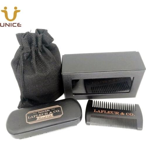 MOQ 100pcs Men Beard Care Kit Custom LOGO in Gift Box Black Fine & Coarse Teeth Wood Beard Hair Comb & Boar Bristle Beard Brush