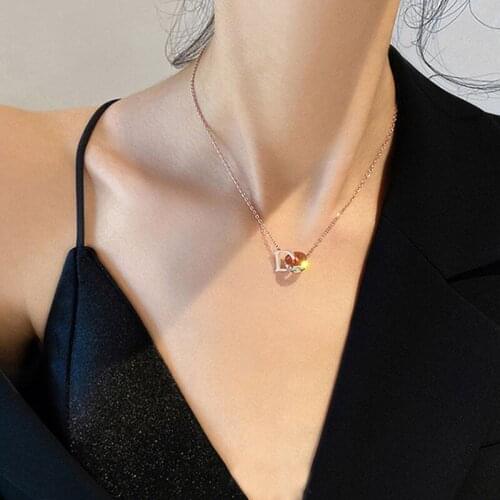 Fashion Stainless Steel Rose Gold Letter D Square Diamond Necklace Sparkling Pendant Ins Cold Wind Simple Style Birthday Present