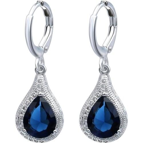 Fashon Women Jewelry Drop Blue Zircon Dangle Long Earrings Bridal Wedding Engagement Set Gifts