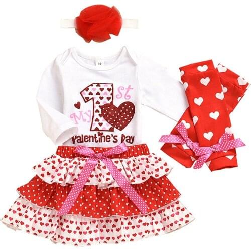 My First Valentines Day Dress Outfits Baby Long Sleeve Red Love Pattern Romper+Headband+Leggings+Layered Tutu for Bebe Girl 9M