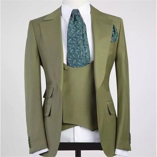 2021 Latest Army Green Men Suits Peak Lapel Groom Tuxedo Wedding Costume Homme Terno Masculino Slim Fit 3 Pieces Blazer