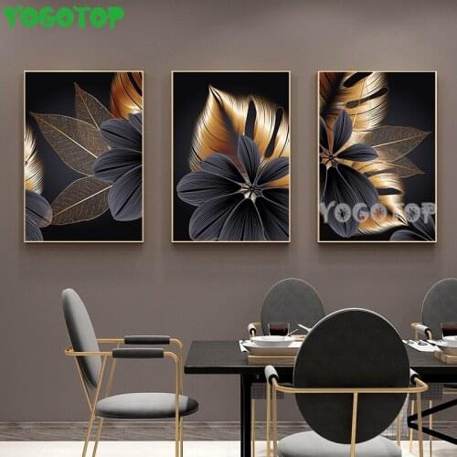 Black Golden Plant Leaf Diy Diamond Painting Art Cross Stitch 3 Piecs Diamond Embroidery Triptych Pictures Nordic Floral ML1459