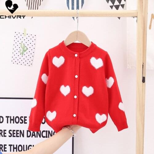 New 2021 Baby Girls Fashion Knitted Cardigan Sweater Kids Autumn Warm Heart Embroidery Button Cardigan Sweater Jackets