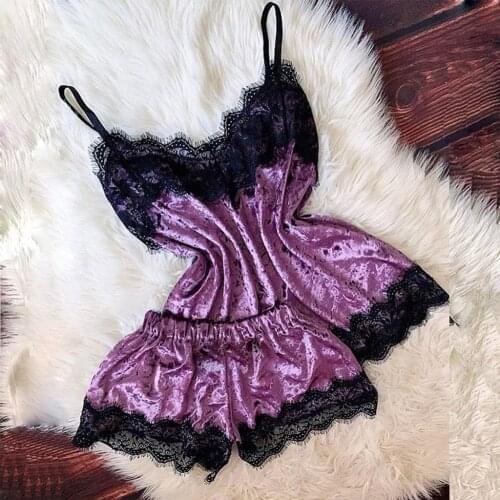 New Women Sexy Lingerie Camisole Bow Shorts V-Neck Tops Velvet Pajamas Sleepwear bra and brief set Feminina pajamas sleep tops