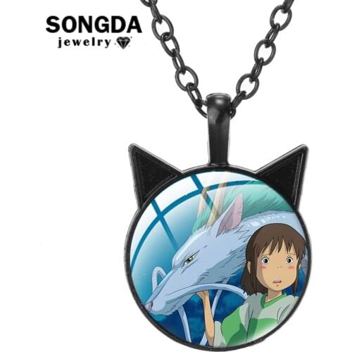 Spirited Away Necklaces Anime Cartoon Figure Glass Round Cat Ear Metal Neck Chain Choker Fans Lady Teen Best Jewelry Accessories