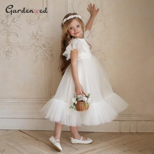 Puffy Tulle Lace Ball Gown Flower Girl Dresses Ruffle Girl Princess Dress Illusion Girl Wedding Party Dress First Communion