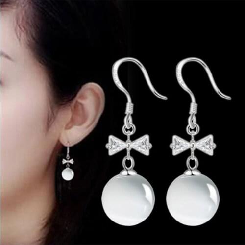 KOFSAC New Cute Cubic Zirconia Bow Cats Eye Stones Earring 925 Sterling Silver Earrings For Women Jewelry Girl Best Gifts