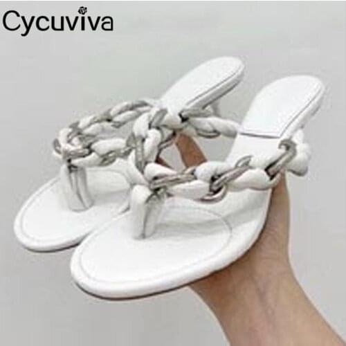 Kitten Heel Summer Women Slippers Round Peep Toe Flip Flops Chain Cross Tie Ladies Slides Brand Runway Vacation Shoes Woman 5 CM