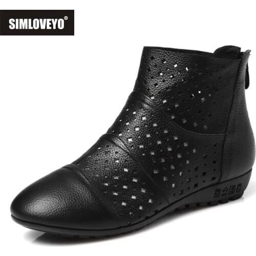 SIMLOVEYO Women Genuine Leather Shoes Ankle boots High Quality Hollow Zipper Solid Spring Summer Boots Female Women Shoes S2391
