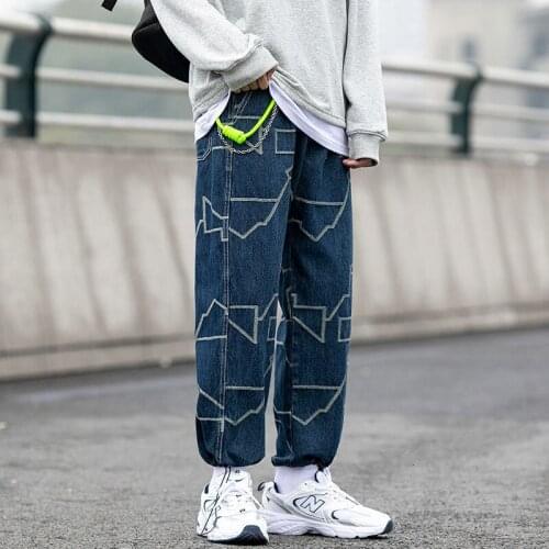 Blue Harlan Jeans Hip Hop Graffiti Loose Mens Streetwear Oversize Casual Wide Leg Denim Pants Plus Size Trendy Brand Trousers