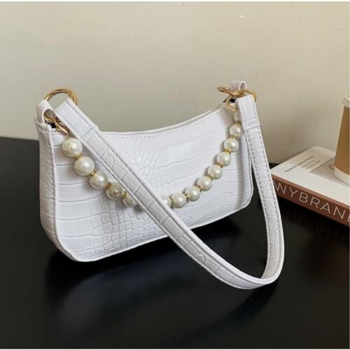 New Fashion Women Shoulder Bags Pearl Chain Strap Ladies Underarm Bags PU Leather Solid Color Female Simple Tote purse Handbags