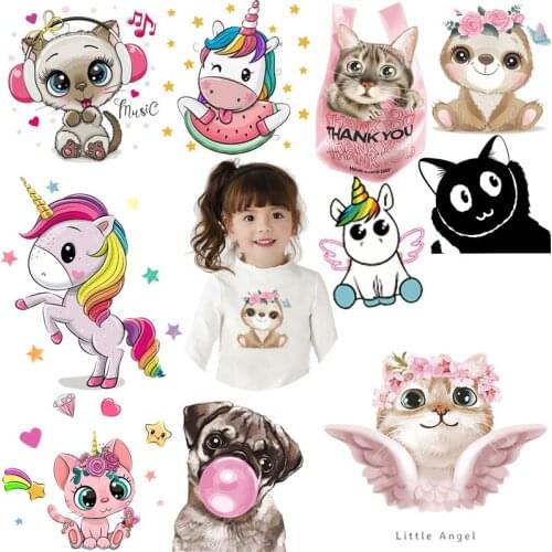 Cute Small Animals Patch Iron On Transfers For Clothing Heat Transfers Cartoon Cat Unicorn Thermo Sticker On Kids Clothes Stripe