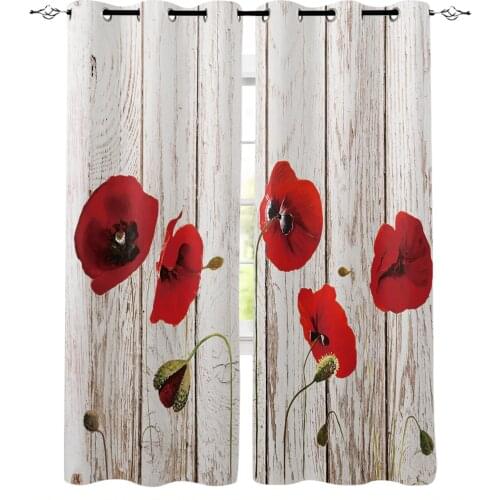 Vintage Wooden Texture Red Poppy Flower Curtain For Kitchen The Bedroom Window Treatment Curtains for Living Room Modern Drapes