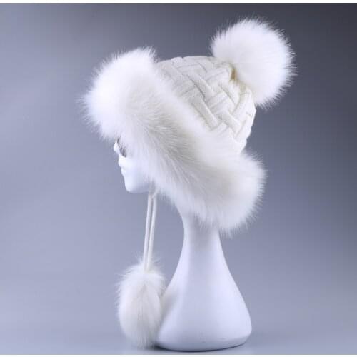 Vintage Faux Fox Fur Bomber Hat Fluffy Pom Pom Women Ushanka Russain Wool Earflap Cossack Winter Snow Ski Cap Fleece Trapper