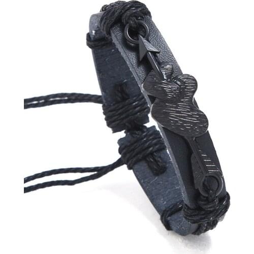 Charm Arrow Heart Bracelets Men Vintage Handmade Woven Adjustable Rope Black Brown Leather Bracelet For Women Bohemian Jewelry