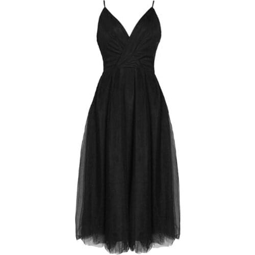 PERHAPS U Black Mesh V Neck Strap Sleeveless Backless Midi Dress Ball Gown Sexy Dress Elegant Women Female Summer D0360