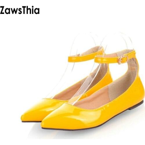 ZawsThia patent PU solid yellow red black casual woman flats ankle buckle strap women mary janes shoes extra large size 47 48 49
