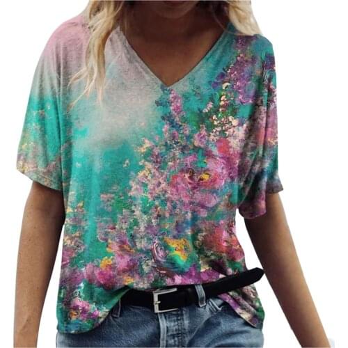 Summer 2021 New Women Short Sleeve V-Neck Floral Print T Shirt Casual Streetwear Loose Pullovers Tops Plus Size Female Clothing