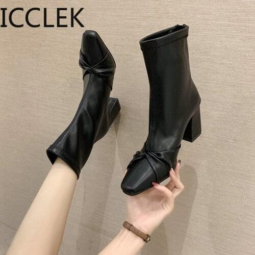 Sexy Ladies Autumn Ankle Boots Sock Boots Solid Color Bowtie Design High Heels Ankle Boots Woman Back Zip Winter Size 35-39