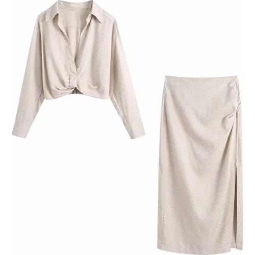 Za New Spring Summer Women Retro Solid Color Simple Style Long Sleeve Twisted Pullover Shirt Tops And High Waist Skirt XITIMEAO