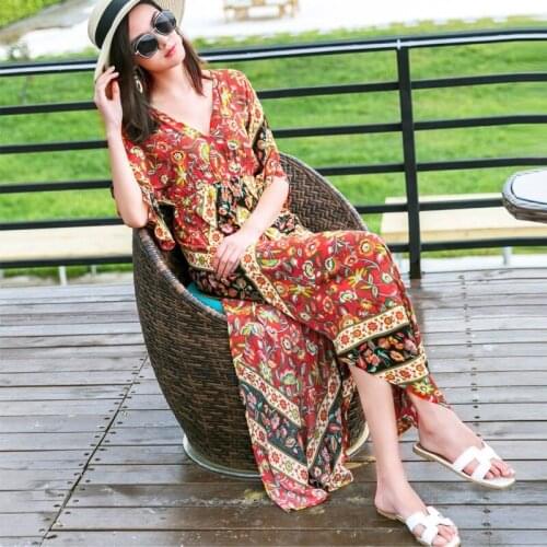 Beach Dresses 2020 Boho Chic Dress Summer Holiday Sundress Vintage V-Neck Slit Maxi Bohemian Dress For Women Vestidos DD2535